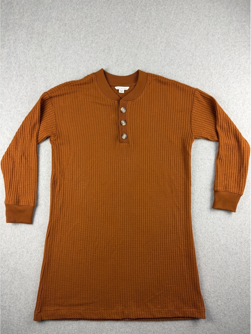 American Eagle Womens S Waffle Knit Henley Dress Rust Brown Long Sleeve